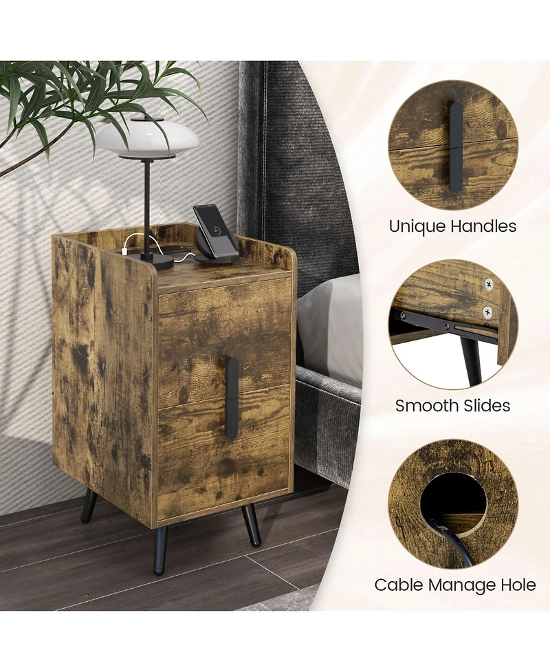 Gymax Set of 2 Nightstand w/ Charging Station Home Bedside Sofa Side Tables Drawers Cafe