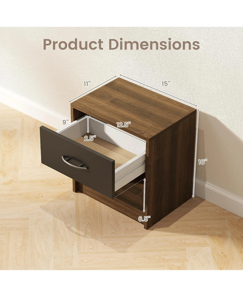 Gymax 2-Piece Nightstand Side Table Set with Slide-Out Drawer and Open Storage Shelf