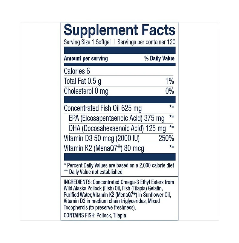 Wiley s Finest Fish Oil Vitamin K2 and D3 - 500mg Epa and Dha for Bone and Heart Health