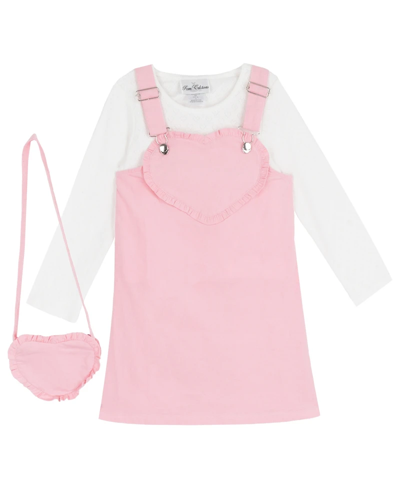 Rare Editions Girls' 2T-6x Long-Sleeve Top, Pink Heart Jumper and Handbag, 3-Piece Set