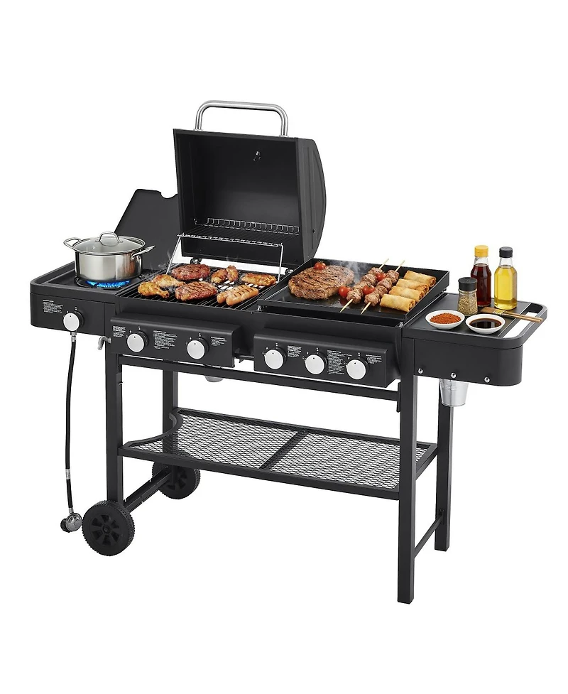 Asagikoiai 5 Burner Propane Gas Grill and Griddle Combo, 56,000 Btu Outdoor Bbq with Side Burner