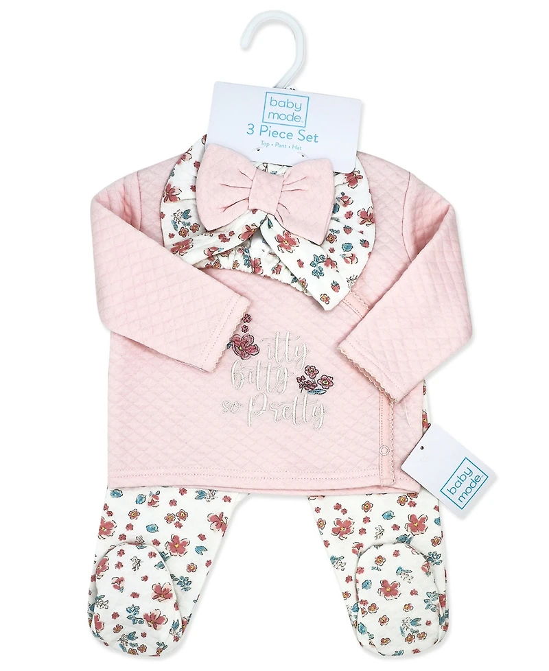Baby Mode Girls' Long-Sleeve Top, Pant and Cap, 3-Piece Set