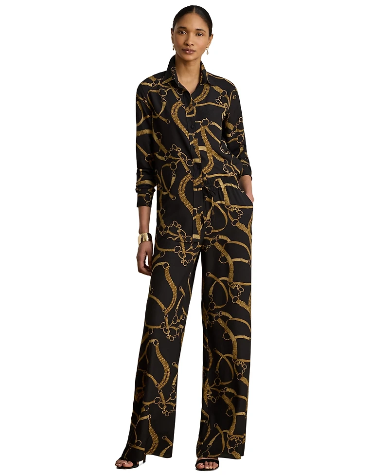 Lauren Ralph Petite Belting-Print Crepe Wide-Leg Pants