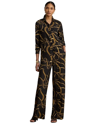 Lauren Ralph Petite Belting-Print Crepe Wide-Leg Pants