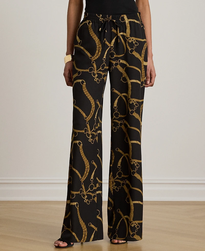 Lauren Ralph Petite Belting-Print Crepe Wide-Leg Pants