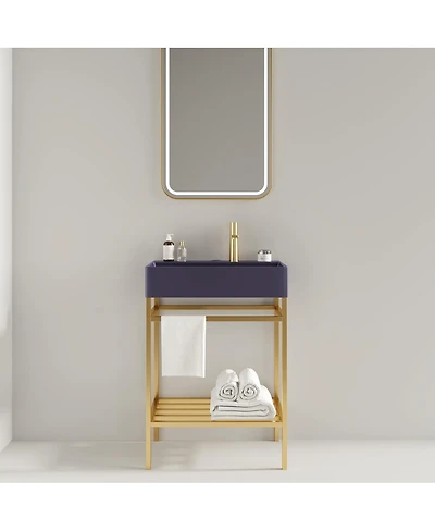 Sillysis Bathroom Vanity with Ceramic Integrated Sink, Metal Storage Shelf, Modern Freestanding Cabinet for Small Spaces