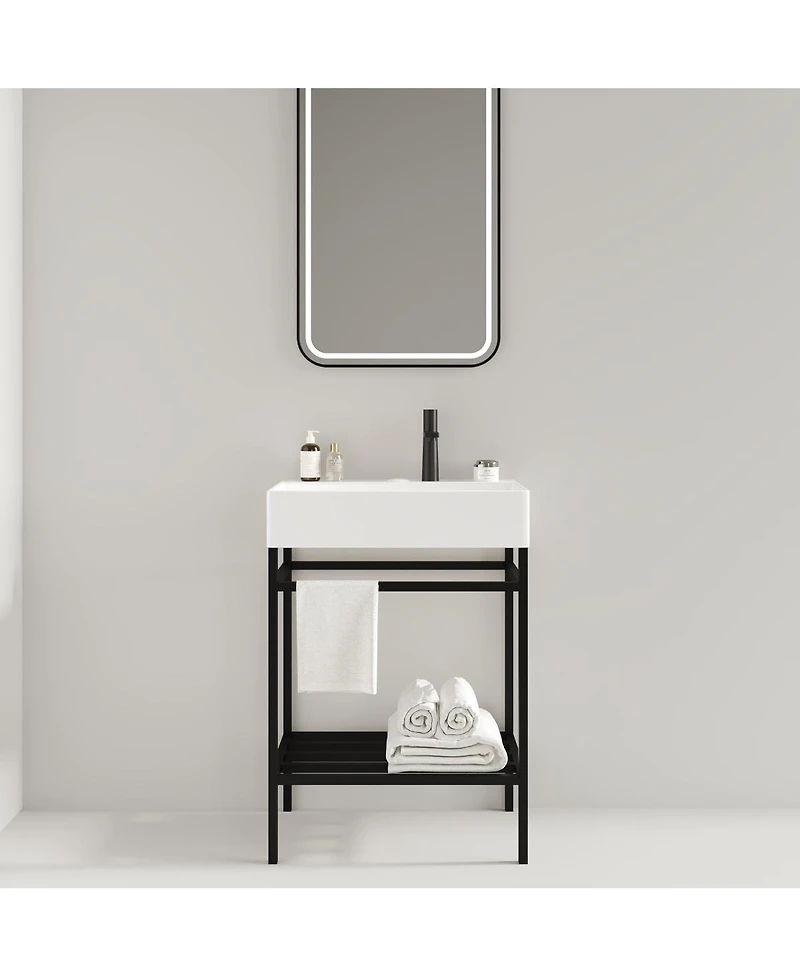 Sillysis Bathroom Vanity with Ceramic Integrated Sink, Metal Storage Shelf, Modern Freestanding Cabinet for Small Spaces