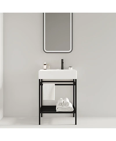 Sillysis Bathroom Vanity with Ceramic Integrated Sink, Metal Storage Shelf, Modern Freestanding Cabinet for Small Spaces