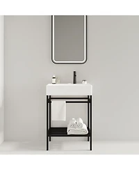 Sillysis Bathroom Vanity with Ceramic Integrated Sink, Metal Storage Shelf, Modern Freestanding Cabinet for Small Spaces