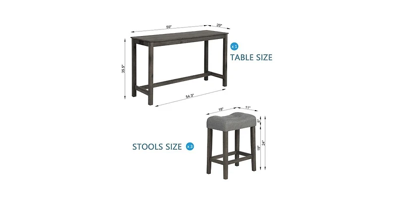 flynama 4-Piece Bar Table Set with Power Outlet, 3 Stools for Living Room and Dining Room