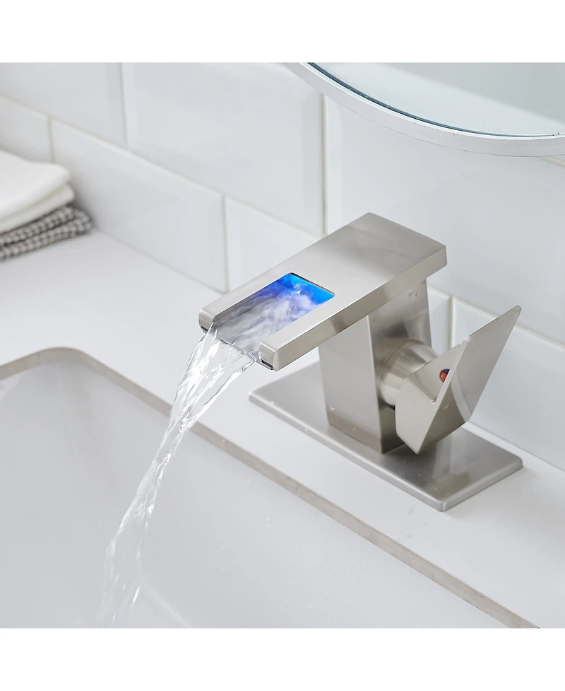 Phying Bathroom Sink Faucet Led Light 3 Colors Changing Waterfall Glass Spout Hot Cold Water Mixer Single Handle One Hole Deck Mounted Bathroom Faucet