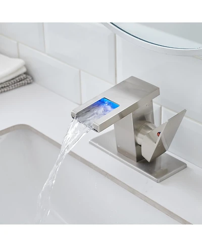 Phying Bathroom Sink Faucet Led Light 3 Colors Changing Waterfall Glass Spout Hot Cold Water Mixer Single Handle One Hole Deck Mounted Bathroom Faucet