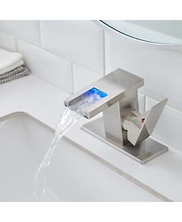 Phying Bathroom Sink Faucet Led Light 3 Colors Changing Waterfall Glass Spout Hot Cold Water Mixer Single Handle One Hole Deck Mounted Bathroom Faucet