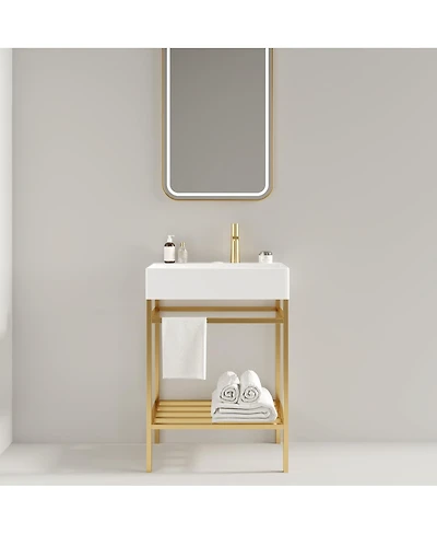 Sillysis Bathroom Vanity with Ceramic Integrated Sink, Metal Storage Shelf, Modern Freestanding Cabinet for Small Spaces