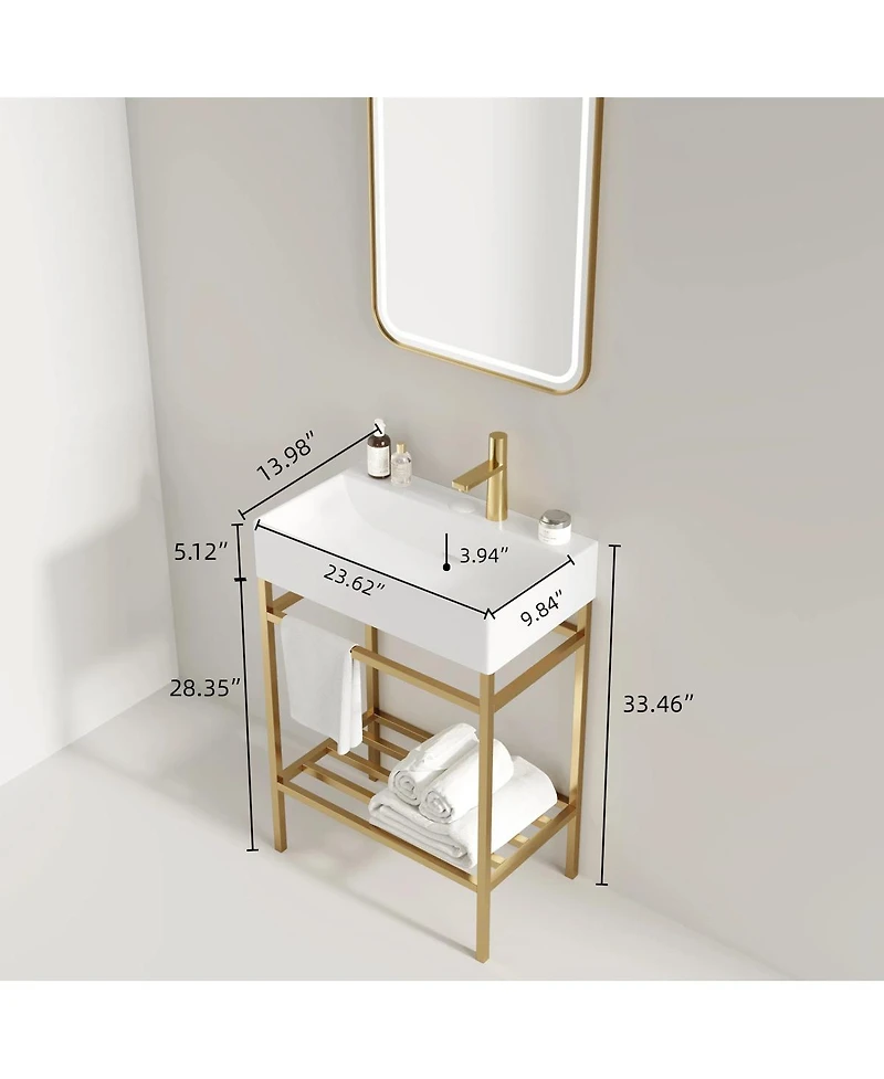 Sillysis Bathroom Vanity with Ceramic Integrated Sink, Metal Storage Shelf, Modern Freestanding Cabinet for Small Spaces