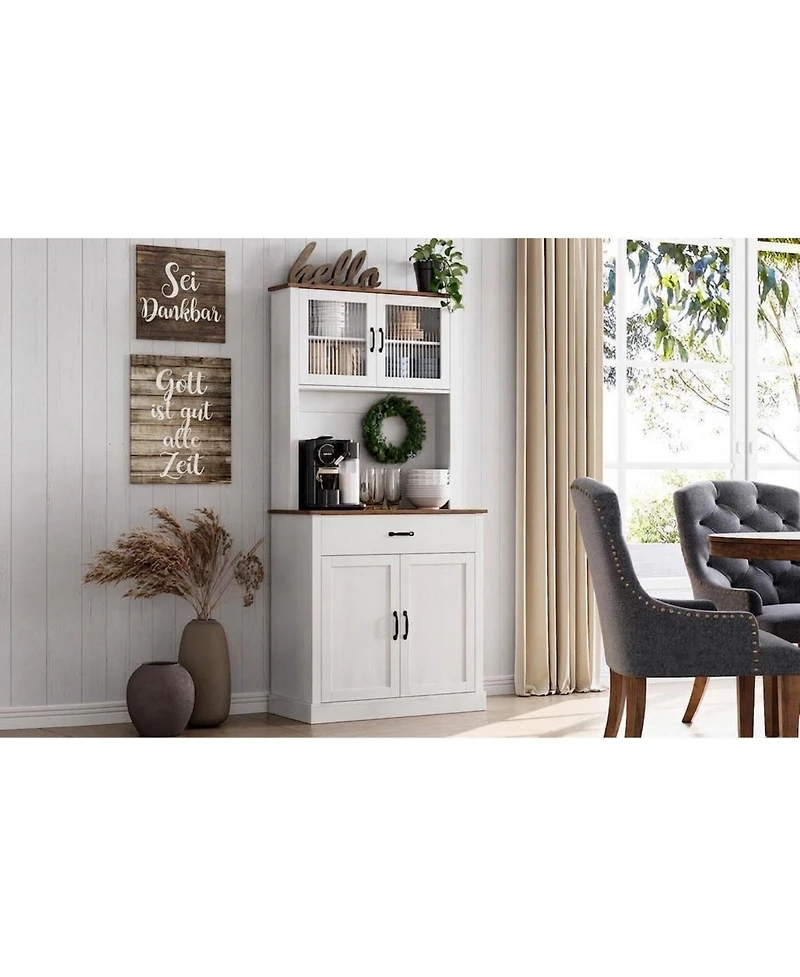 homfan Kitchen Pantry Cabinet with Microwave Stand - Buffet Storage, Glass Doors and Shelves, Appliance Organizer for Dining Room and Coffee Bar