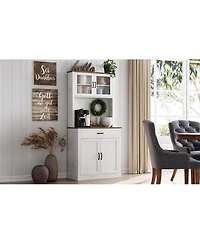 homfan Kitchen Pantry Cabinet with Microwave Stand - Buffet Storage, Glass Doors and Shelves, Appliance Organizer for Dining Room and Coffee Bar