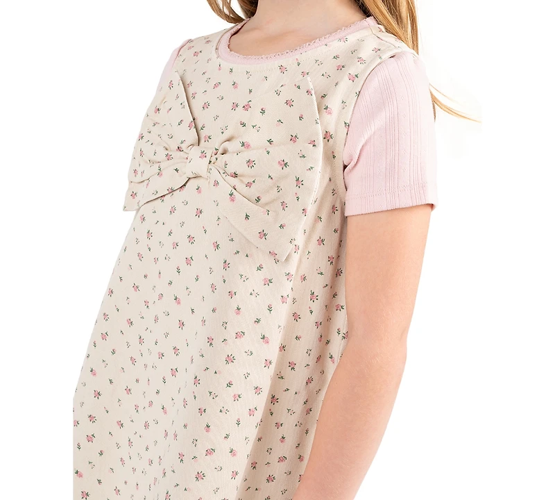Rare Editions Girls' 2T-6X Printed Denim Jumper with Self Bow