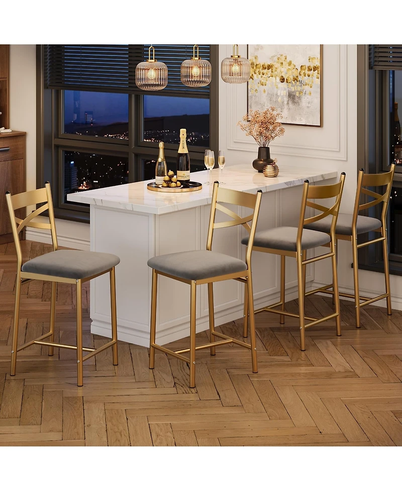 homfan Set of 4 Gold Bar Stools, 26 Inch Gold Metal Stools with Backrest and Soft Seat for Kitchen Island or Home Bar