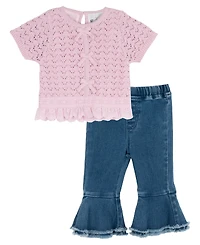 Rare Editions Baby Girls' Short-Sleeve Sweater and Denim Pant, 2-Piece Set