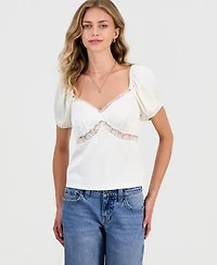 Celebrity Pink Juniors' Lace-Trim Satin Puff-Sleeve Top