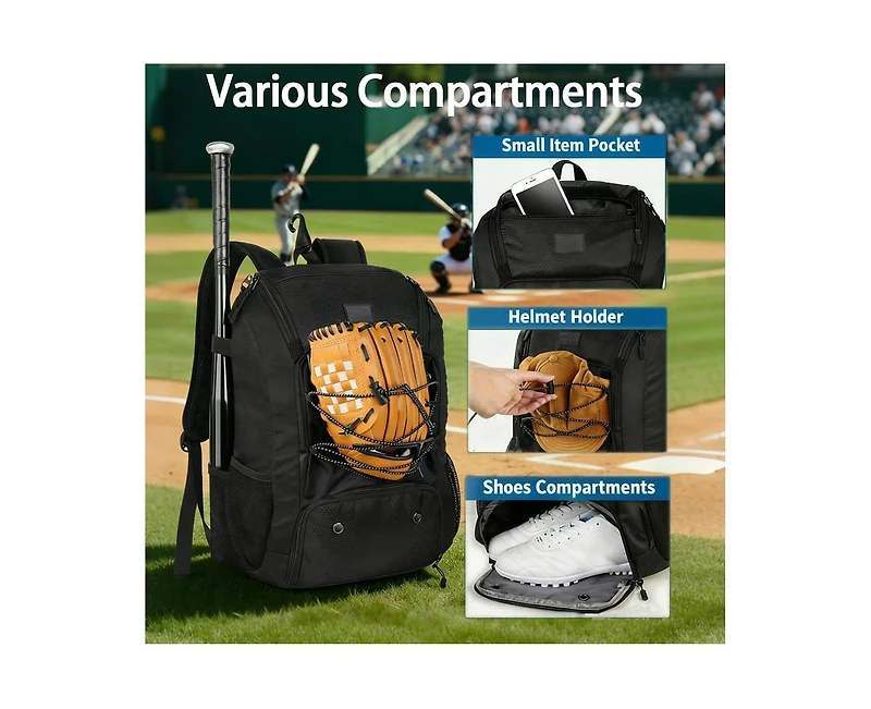 Furlihong 29L Baseball Backpack for Youth and Adult - Softball Bag with Shoe Compartment Fence Hook, Holds Bat, Mitten, Helmet, Caps Gear