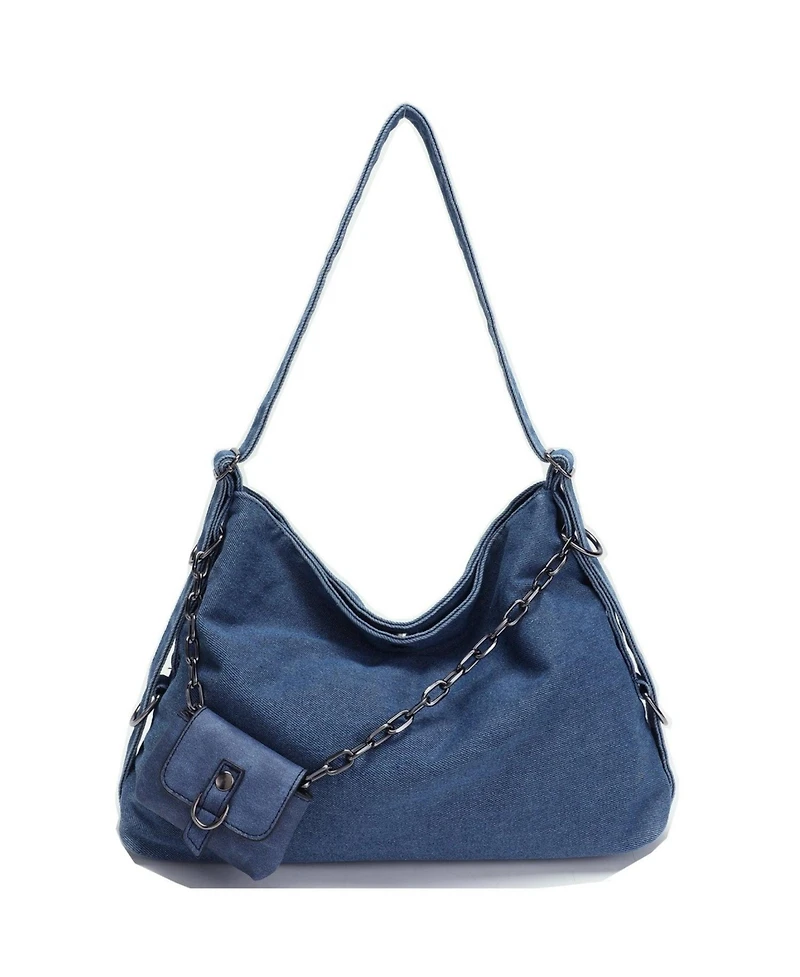 Susu Women's Drift Hobo Bag Slouchy Shoulder Crossbody Purse Casual Washed Denim Handbag with Chain Accent