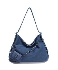 Susu Women's Drift Hobo Bag Slouchy Shoulder Crossbody Purse Casual Washed Denim Handbag with Chain Accent