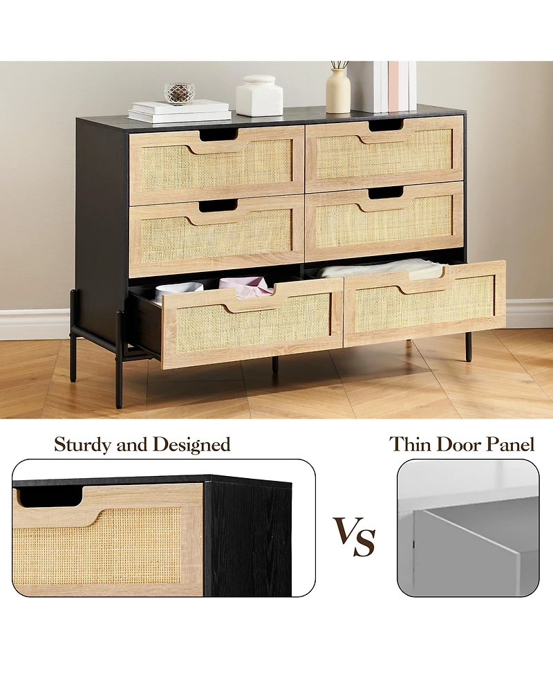 homfan Farmhouse Rattan 6-Drawer Dresser, Sturdy Engineered Wood Storage Cabinet with Metal Legs, Easy Assemble Multi-use Home Organizer