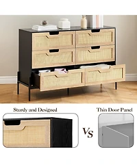 homfan Farmhouse Rattan 6-Drawer Dresser, Sturdy Engineered Wood Storage Cabinet with Metal Legs, Easy Assemble Multi-use Home Organizer
