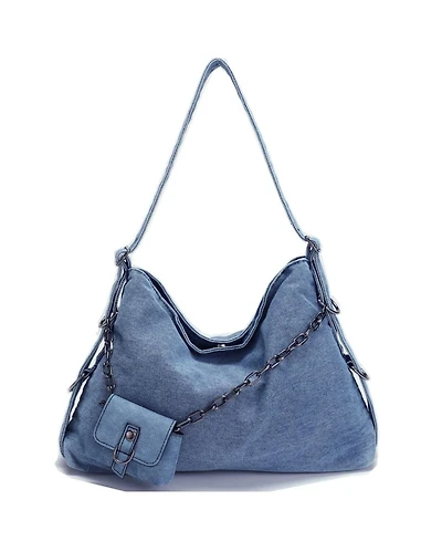 Susu Women's Drift Hobo Bag Slouchy Shoulder Bag Crossbody Purse Casual Washed Denim Handbag with Chain Accent
