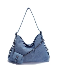 Susu Women's Drift Hobo Bag Slouchy Shoulder Bag Crossbody Purse Casual Washed Denim Handbag with Chain Accent