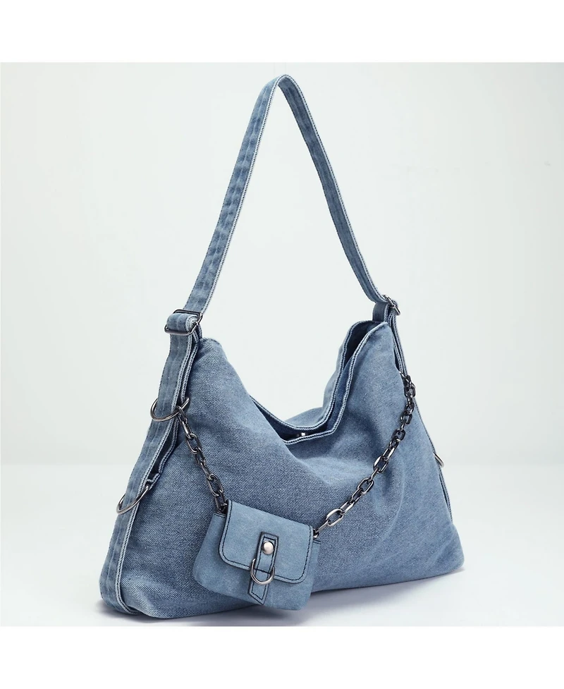 Susu Women's Drift Hobo Bag Slouchy Shoulder Bag Crossbody Purse Casual Washed Denim Handbag with Chain Accent