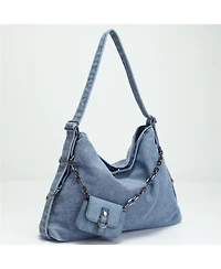 Susu Women's Drift Hobo Bag Slouchy Shoulder Bag Crossbody Purse Casual Washed Denim Handbag with Chain Accent