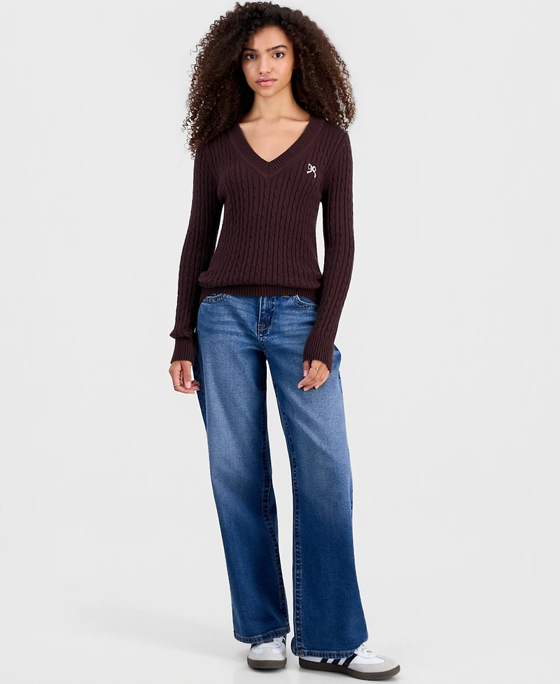 Madden Girl Juniors' Longline V-Neck Cable-Knit Sweater