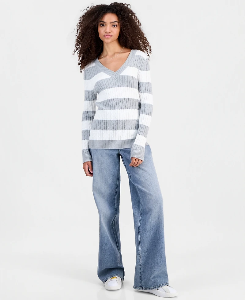 Madden Girl Juniors' Longline V-Neck Cable-Knit Sweater
