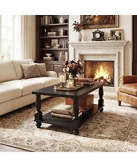 Aheaplus Farmhouse Coffee Table with Solid Turned Legs, 2-Tier Living Room Center Table with Storage