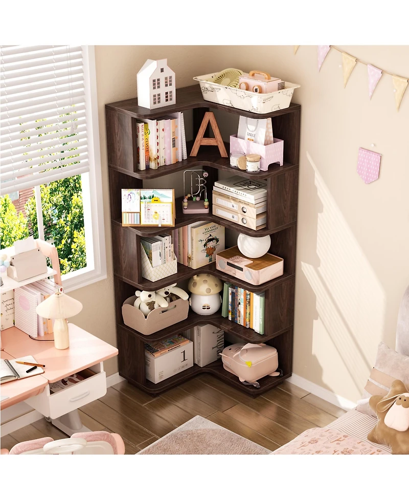 Aheaplus 5-Tier Corner Bookshelf, Space-saving Bookcase Display Storage Shelf