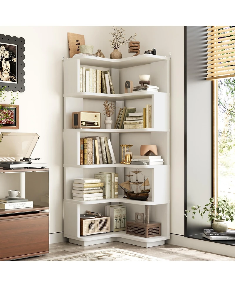 Aheaplus 5-Tier Corner Bookshelf, Space-saving Bookcase Display Storage Shelf