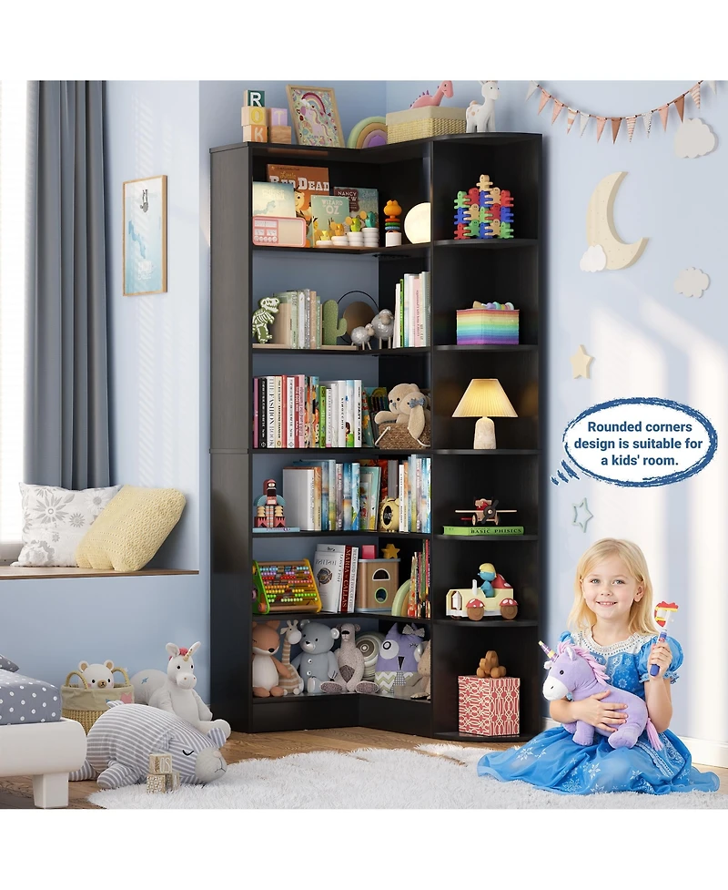 Aheaplus 71" Tall 6-Tiers Corner Bookshelf with Open Storage, Wooden Display Shelves for Bedroom