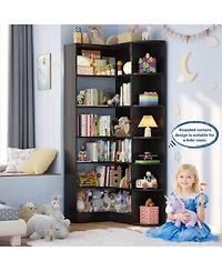 Aheaplus 71" Tall 6-Tiers Corner Bookshelf with Open Storage, Wooden Display Shelves for Bedroom