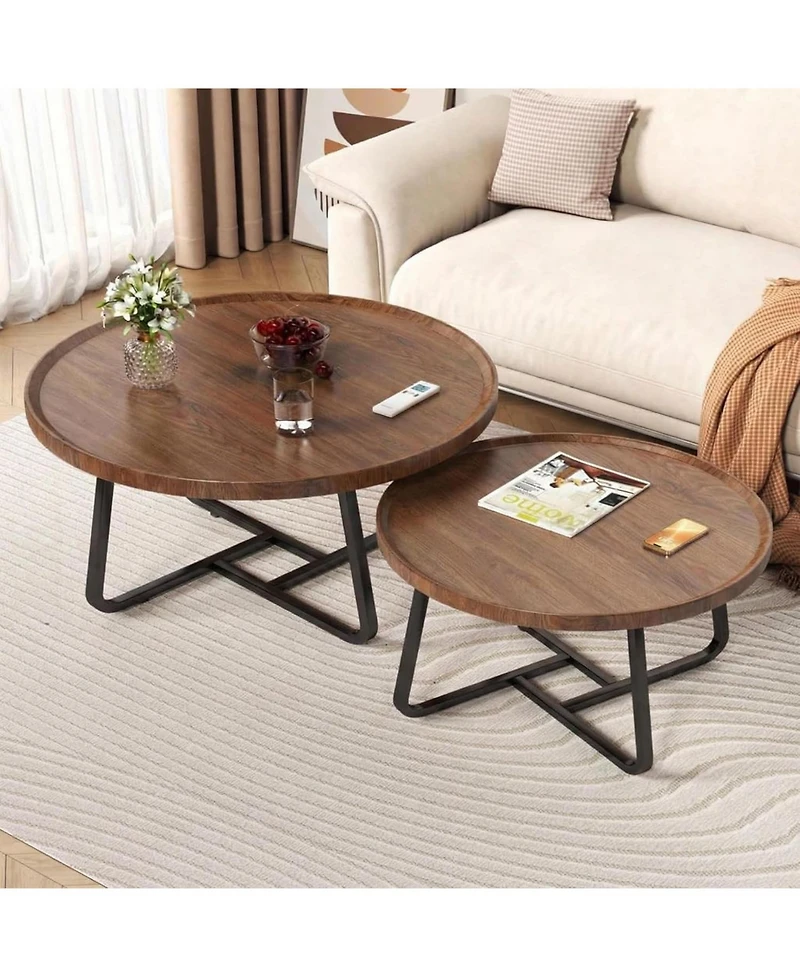 gaomon Modern Coffee Table Set of 2, Wrought Iron Small Round Tables, 80cm+60cm White Combo for Living Room or Office
