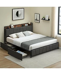 homfan Upholstered Bed Frame with Storage Headboard, Charging Station, 2 Drawers, Metal Slat Support