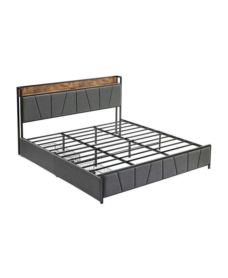 homfan Upholstered Bed Frame with Storage Headboard, Charging Station, 2 Drawers, Metal Slat Support