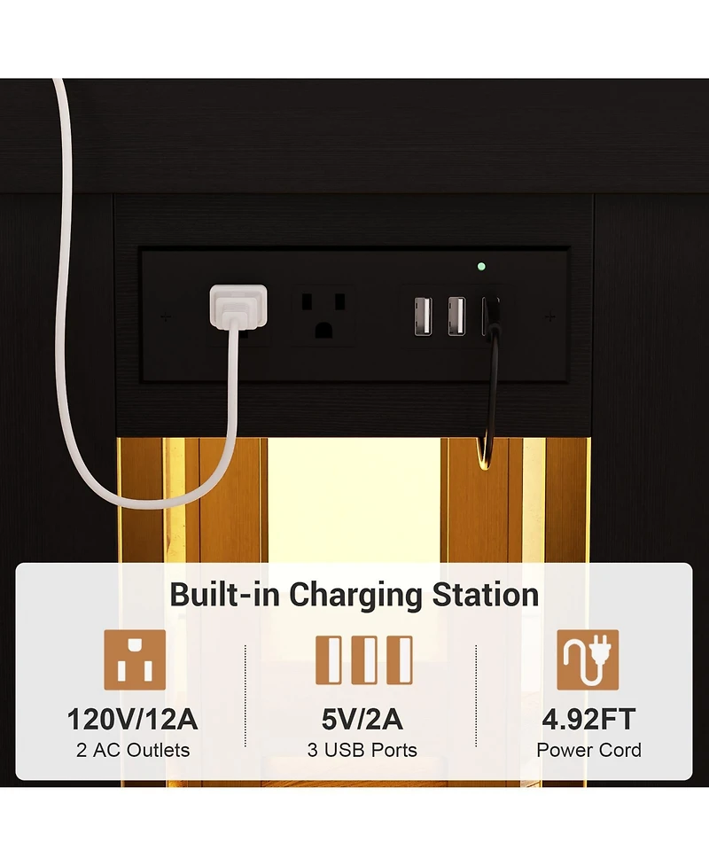 Aheaplus Wooden Console Table Sofa with Charging Station Entryway Led Lights