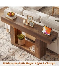 Aheaplus Entryway Table with Charging Station, Console Rgb Led Light, Wooden Sofa