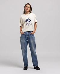 Mitchell Ness Women's Cream New York Yankees Cooperstown Yacht Rock Boxy Cropped T-Shirt