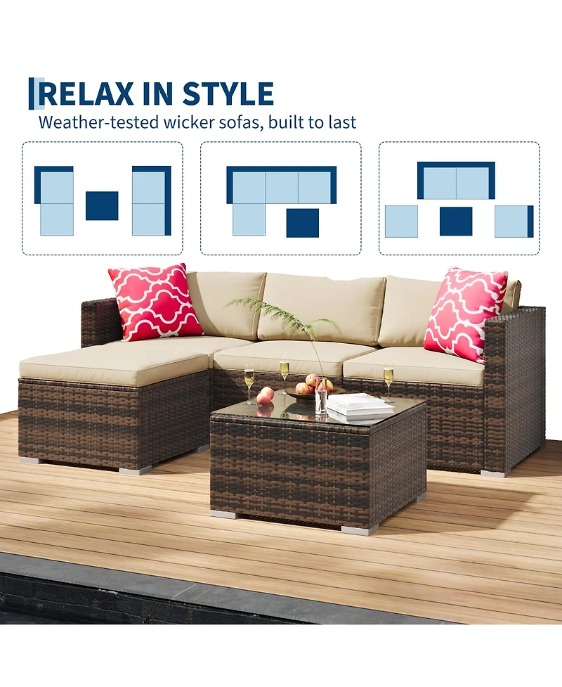 homfan Outdoor Patio Furniture Set with Modular Wicker Sectional Washable Cushions and Glass Top Table
