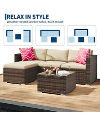 homfan Outdoor Patio Furniture Set with Modular Wicker Sectional Washable Cushions and Glass Top Table