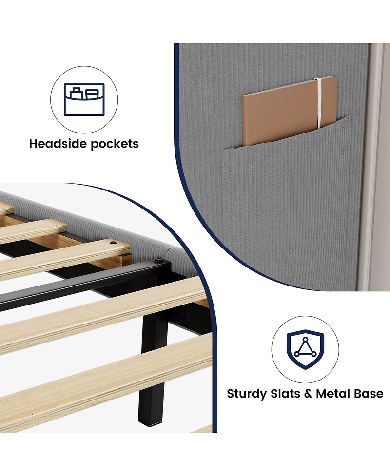 homfan Upholstered Platform Bed Frame with Wingback Headboard, 2 Storage Pockets, Wood Slat Support